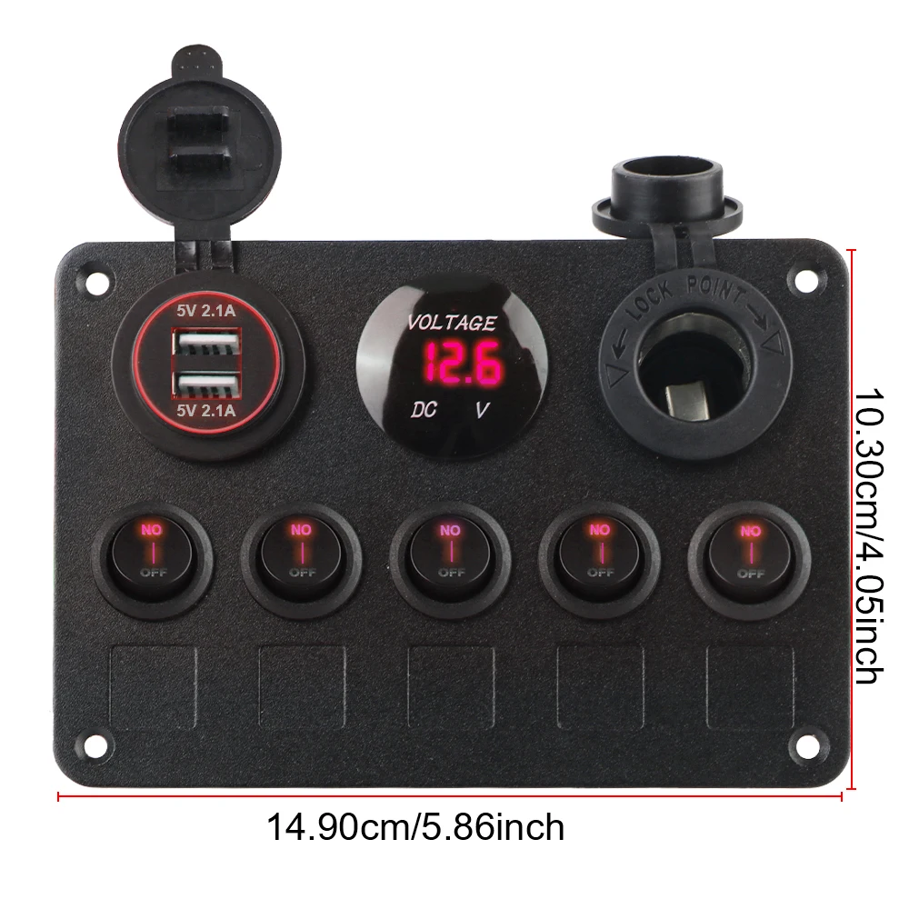 Dual USB Port Boat Switch Panel 5 Gang Marine LED Rocker 12V Outlet Combination Waterproof Digital Voltmeter Car Switch Panel