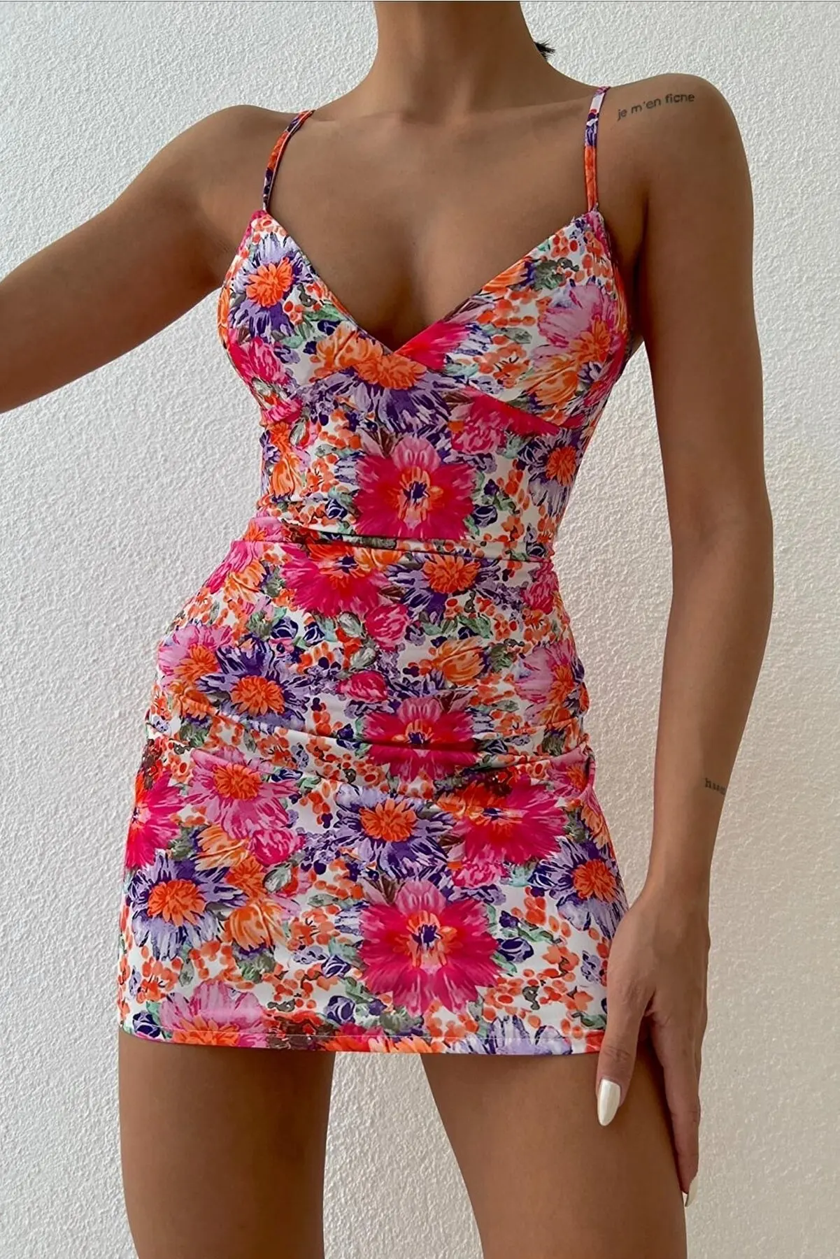 With thin Filling Flexible Fabric Flower Print V-Neck Mini Women Dress Strap Summer-BNT893