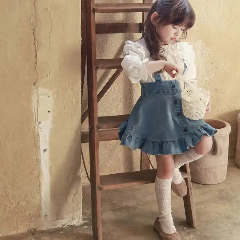 

Girls Skirt 2025 Spring and Summer New Fashionable Korean Style Ruffled Suspenders Casual Simple New Fashionable Denim Skirt 2-9