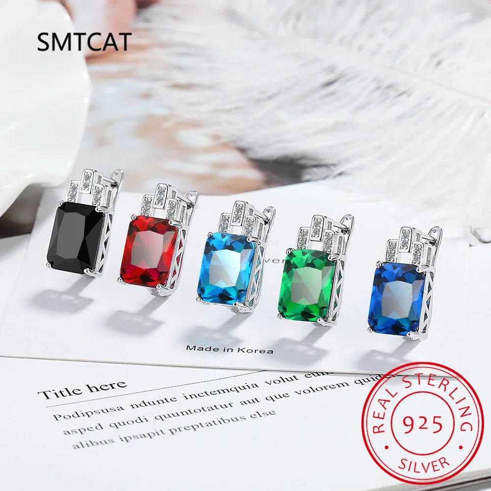 

Emerald Cut Genuine Blue Topaz Garnet Created Sapphire Ruby Emerald 925 Sterling Silver Colorful Gemstone Hoop Earring Huggies