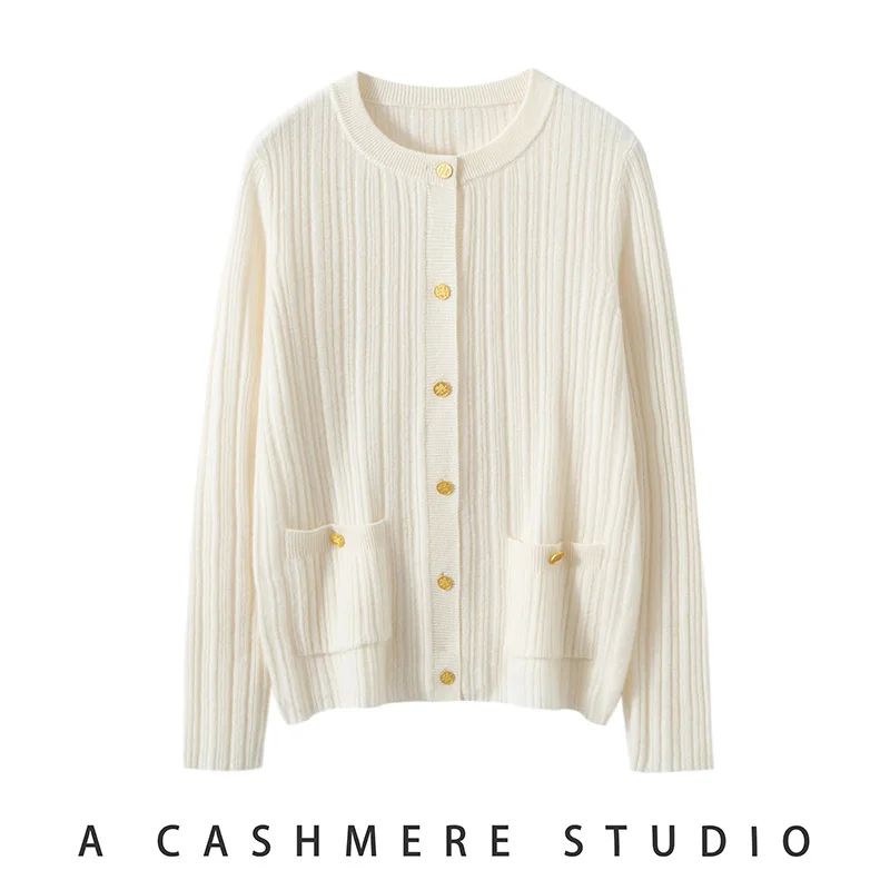 

Осень-зима, новый женский 100% кашемировый кардиган с круглым вырезом и длинными рукавами, свободный утягивающий универсальный приятный для кожи кашемировый трикотаж