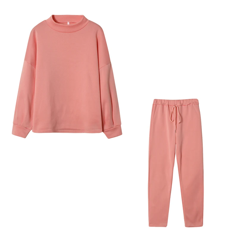 Damessweater met hoge kraag en broek in pure kleur, tweedelige set, casual herfst-wintermode-ensemble