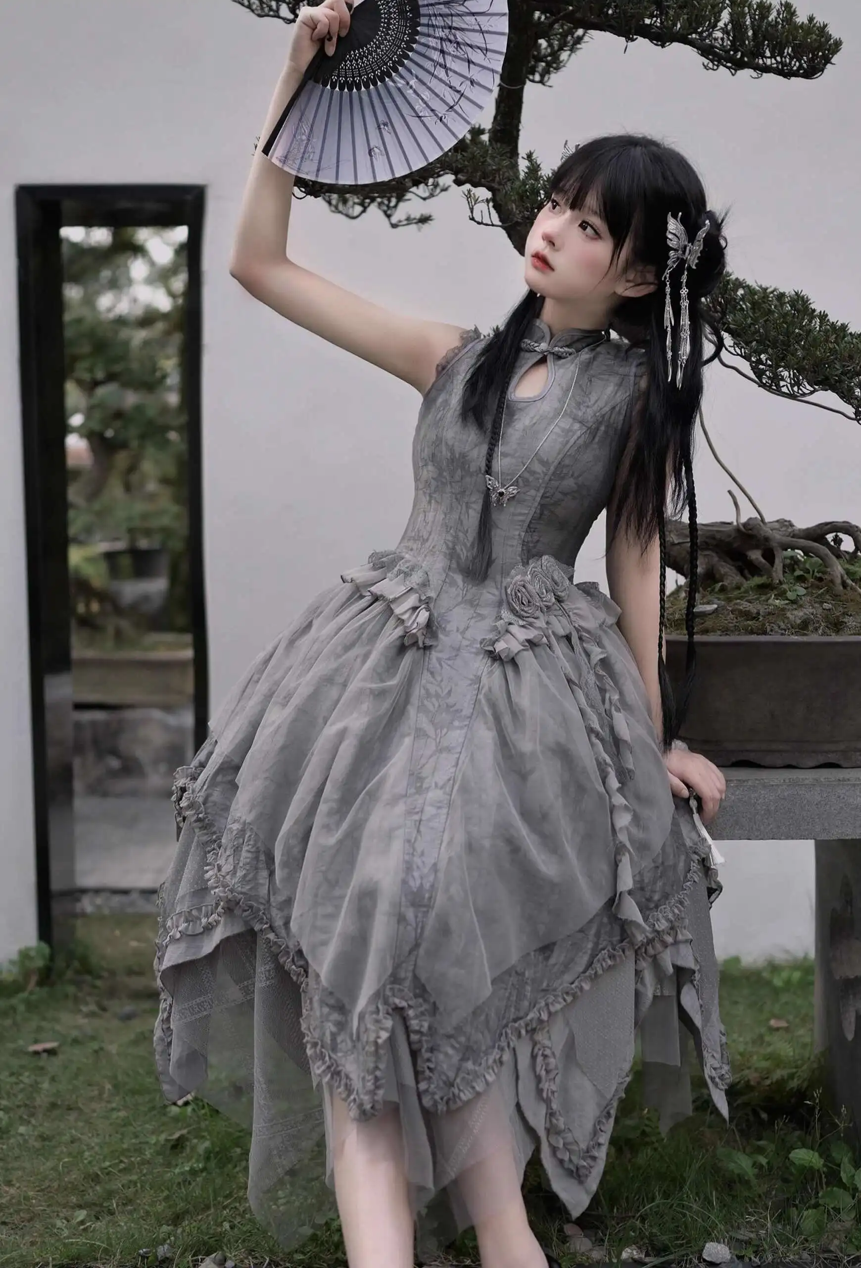 Новый китайский стиль, серая юбка в стиле Лолиты, платье без рукавов, прозрачное и ощущение холода, фиеста, карнавал, Хэллоуин, косплей