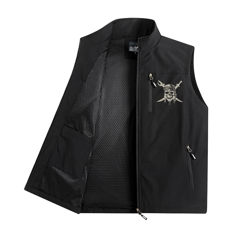 Chaleco de hombre con estampado pirata, cuello alto con cremallera, sin mangas, moderno, de malla transpirable, para fitness al aire libre, camping y pesca