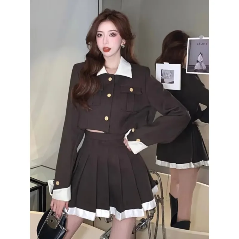 UNXX French Style Elegant Skirt Suits Spring Autumn Casual Loose Long Sleeves Tweed Jacket + High-end Pleated Skirt 2-piece Set