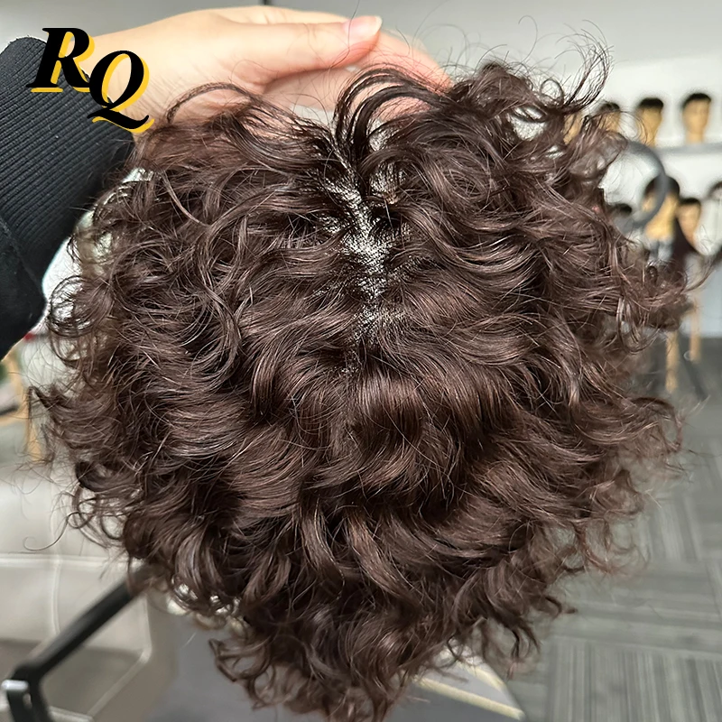 Male Curly Wig Pre Styled Short Cut Full Lace Wig For Men Toupee Hairpiece Virgin Human Hair Replacement System Brown Color 2