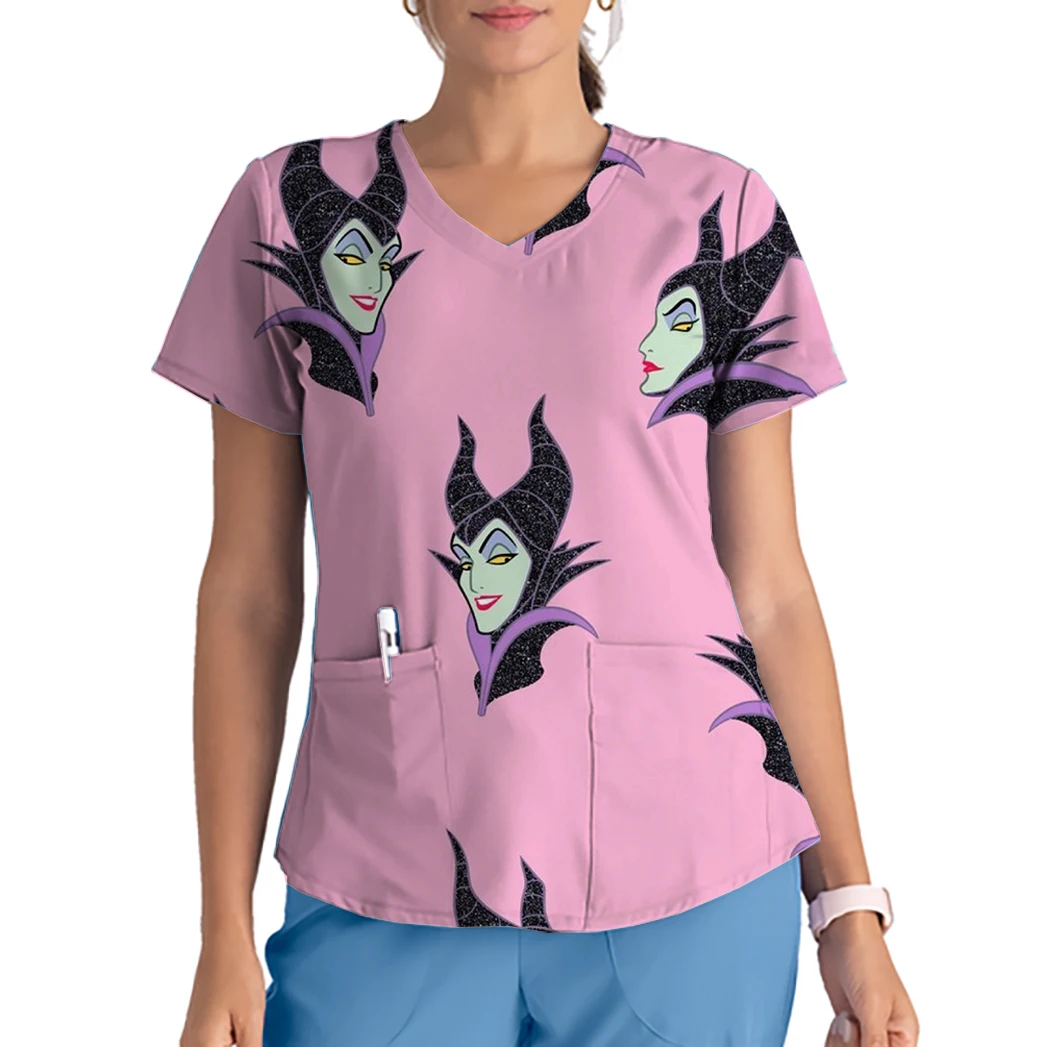 Disney Malévola Série Enfermeira Care Trabalhador Tops, Senhoras Workwear Print, V-Neck Bolso, Manga Curta, Pet Shop Nursing T-Shirt, Casual