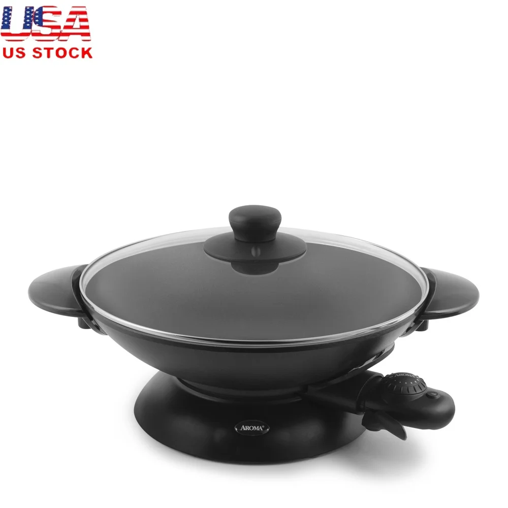 

Professional Electric Wok 5Qt Nonstick Cooking Pan with Glass Lid Steam Tempura Rack Chopsticks Dishwasher Safe Heat Control