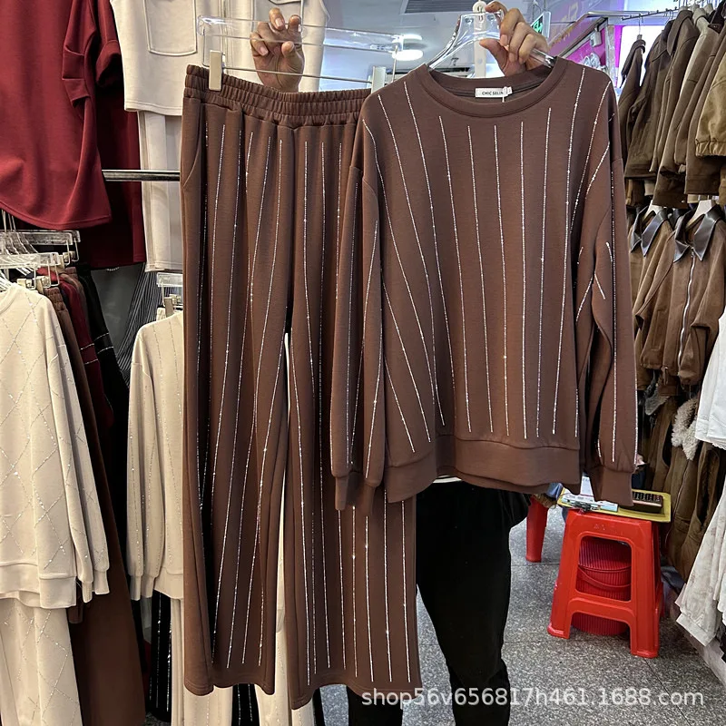 

Fashion Lady Women Two-piece Set Vertical Stripes Diamonds Loose Long Sleeve Hoodie Top + Elastic Waist Wide Leg Straight Pants