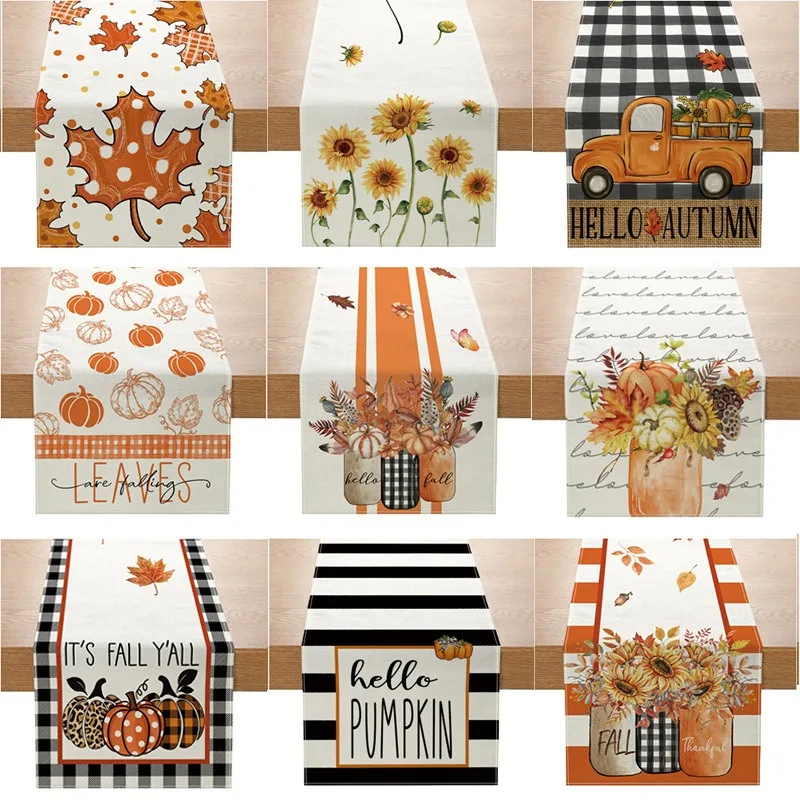 

Autumn Fall Table Runner Pumpkin Maple Leaf Thanksgiving Table Decoration Rustic Farmhouse Kitchen Dining Room Home Party Decor