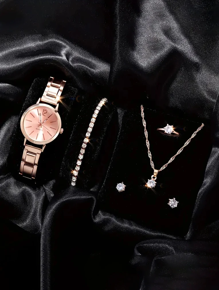 6pcs classic luxury love rhinestone jewelry women's ring necklace Earrings bracelet set digital scale alloy quartz watch