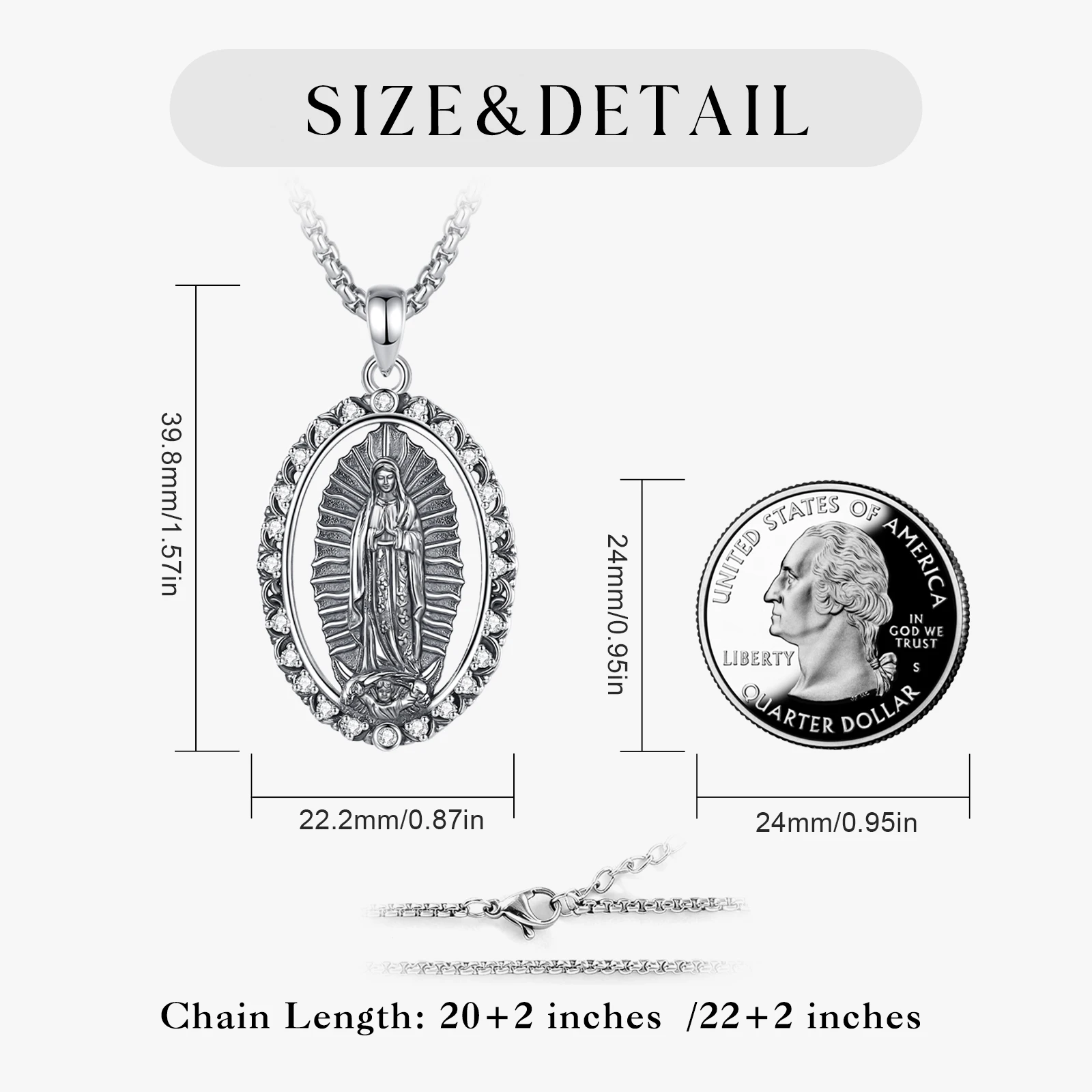 Eudora Virgin Mary Necklace Silver Plated Copper Our Lady of Guadalupe Pendant Cubic Zirconi Religious Jewelry  for Woman Man