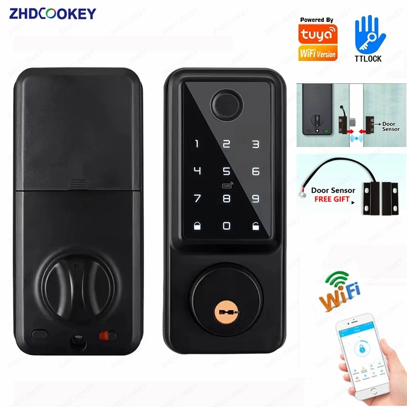 

Tuya Wifi TTLock App Lock Fingerprint Door Sensor Fechadura Eletronic Digital Password IC Card Deadbolt Smart Door Lock For Home