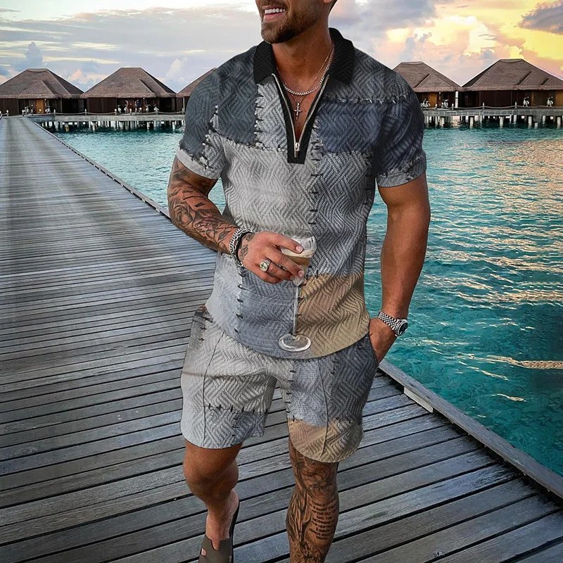 

Vintage Men's Suit Fashion Zipper Polo Shirt Shorts Pants 2 Piece Set 3D Print Oversize Men Clothing Tracksuit Set Clothing