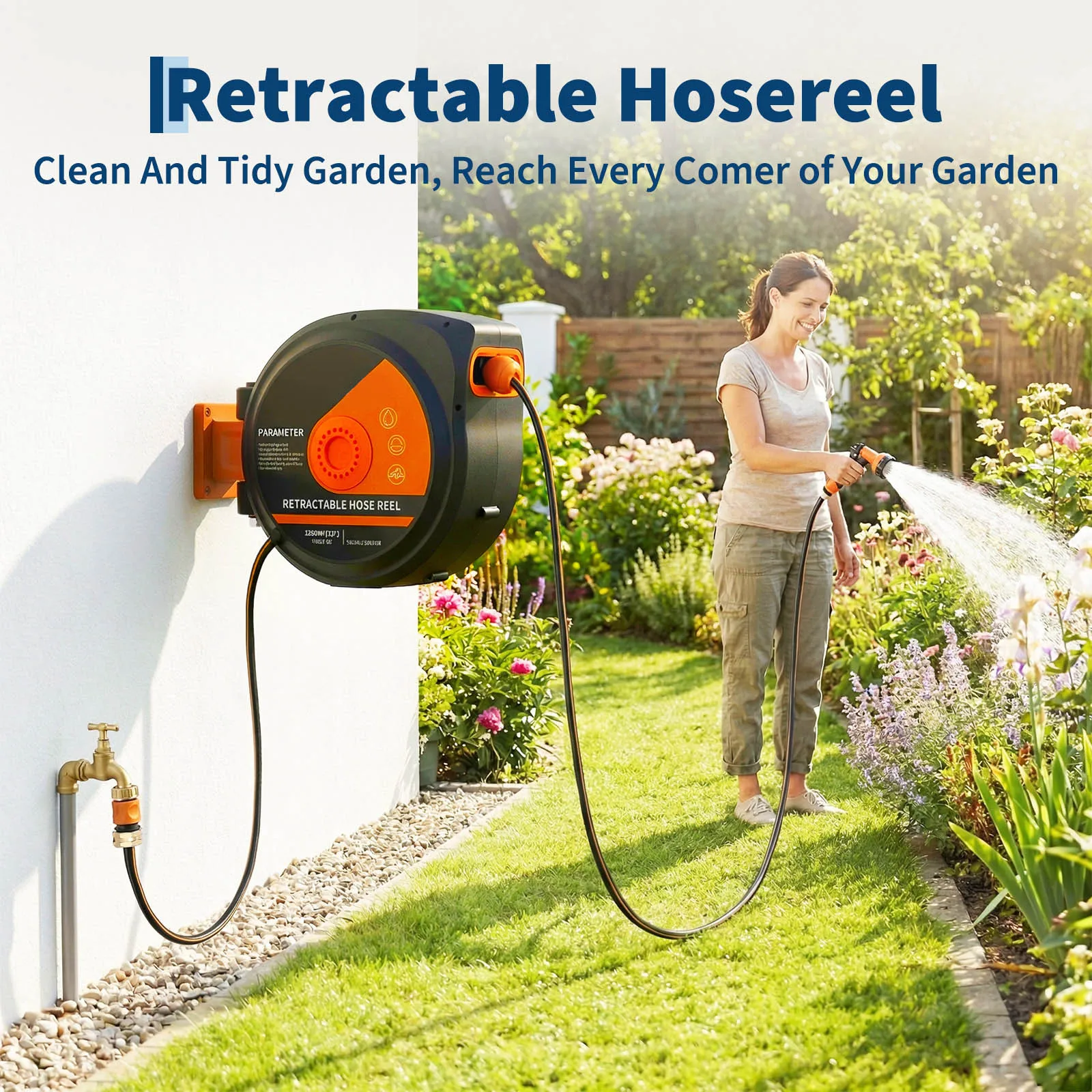 Enrouleur de tuyau de jardin rétractable 1/2 " - Buse de pulvérisation 10 fonctions, enroulement automatique et retour progressif, enrouleur mural avec tuyau d'arrivée