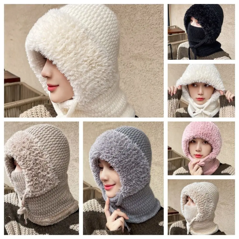 Fashion Multi functional Balaclavas Hat With Ties Plush Knitted Beanies Hat Solid Color Hood Mask Neck Cover Set Male