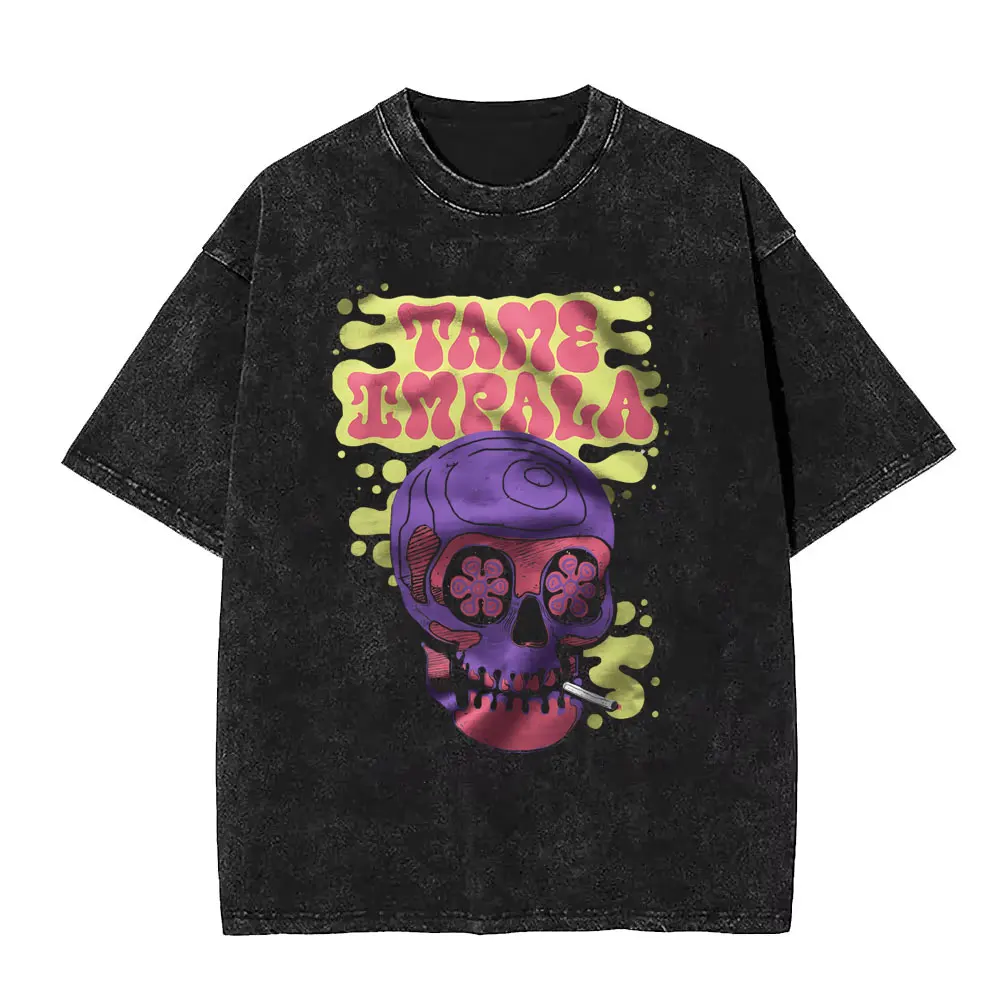 Vintage Washed Pop Rock Band Tame Impala Currents Grafikdruck T-Shirts Männer Frauen Casual Baumwolle Übergroßes Kurzarm-T-Shirt – Detail 18