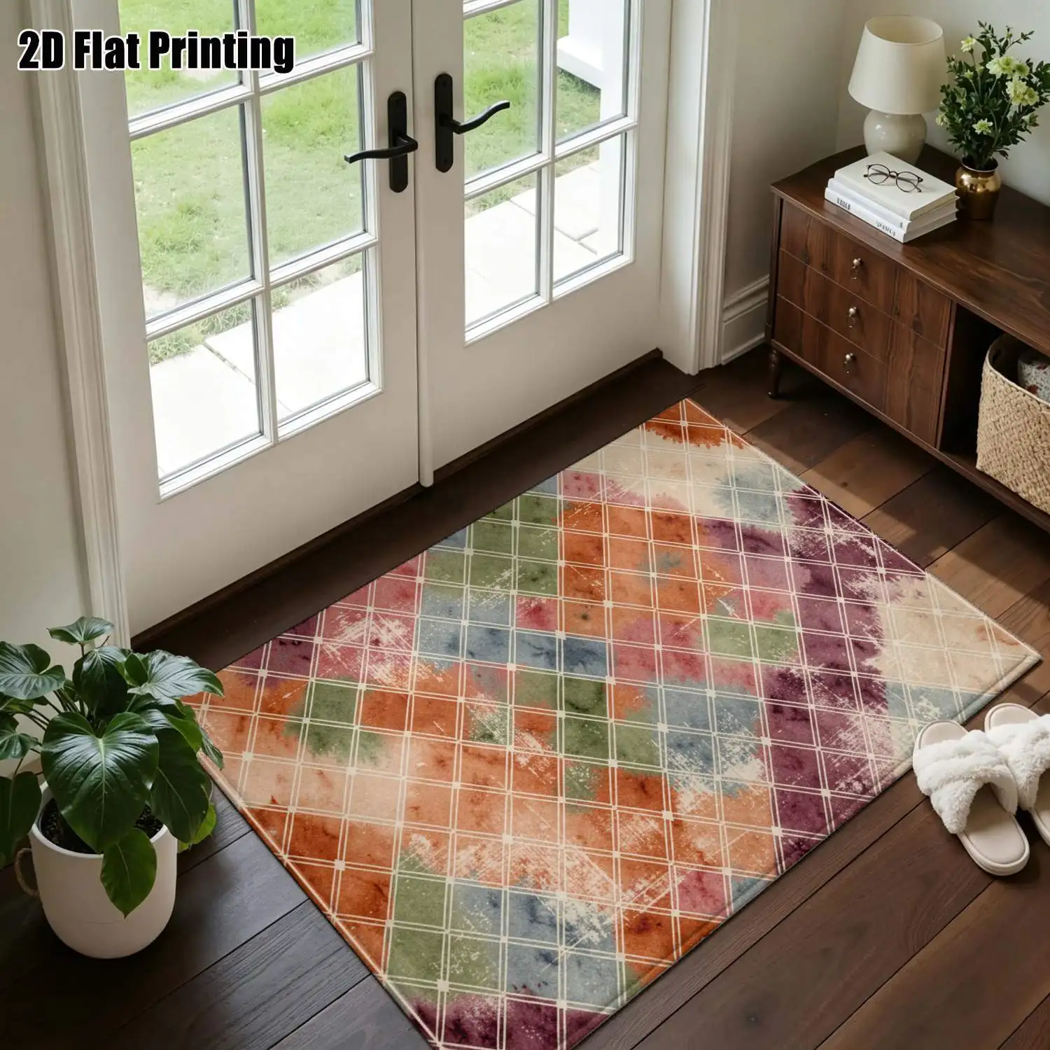 1Pc 2D Printed Retro Tie-Dye Plaid Carpet, Multi-Size Machine Washable Home Decor Floor Mat for Entrance, Dining, Bedroom, Living Room, Study