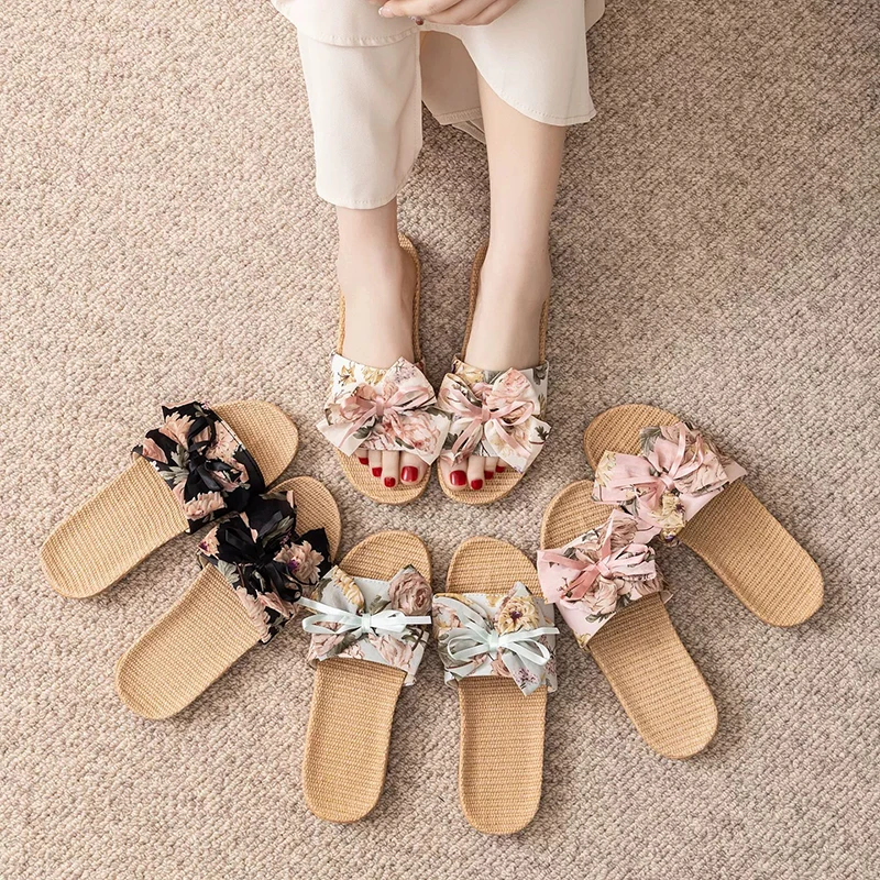 

Summer Home Floor Slippers Soft Bottom Indoor Breathable Hemp Cool Slippers Flowered Linen Slippers for Women