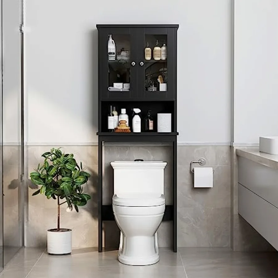 

Over The Toilet Storage Cabinet for Bathroom: Black Tempered Glass Doors Space-Saving Organizer