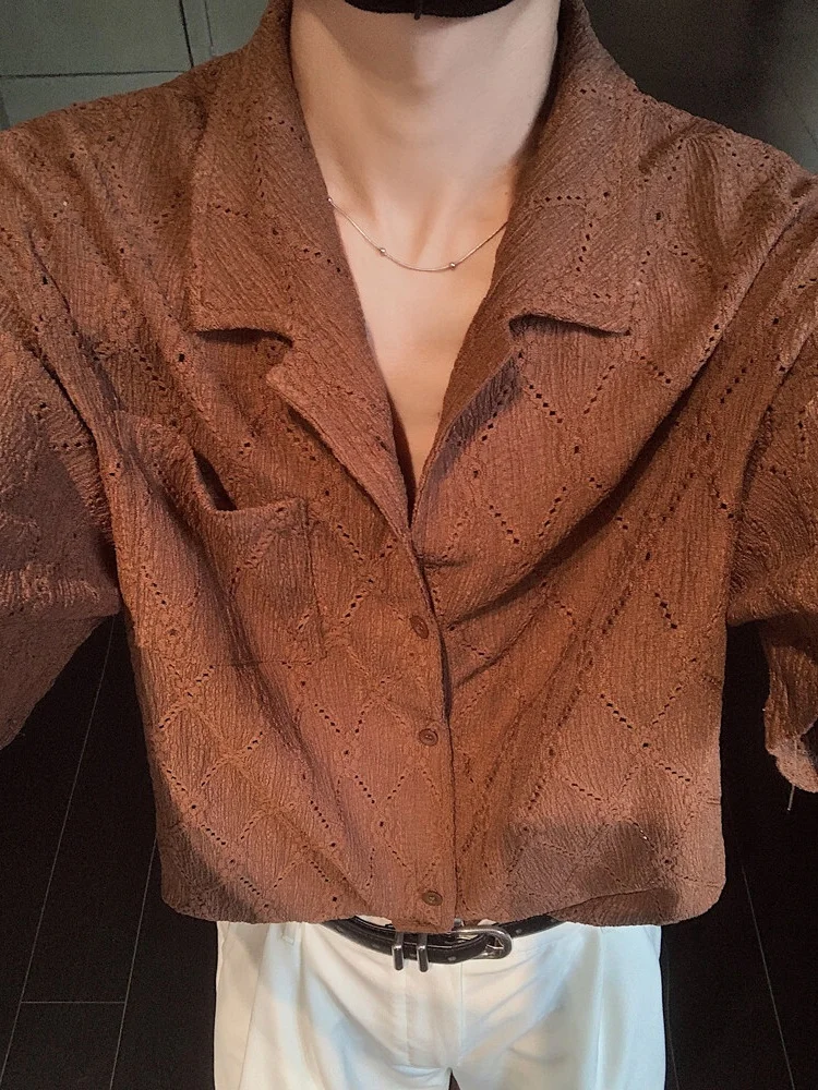 

Retro American ort Sve irt Men Summer Trendy Brand Hollow Design Loose Cool Feeling Cuban Collar f Sve Top