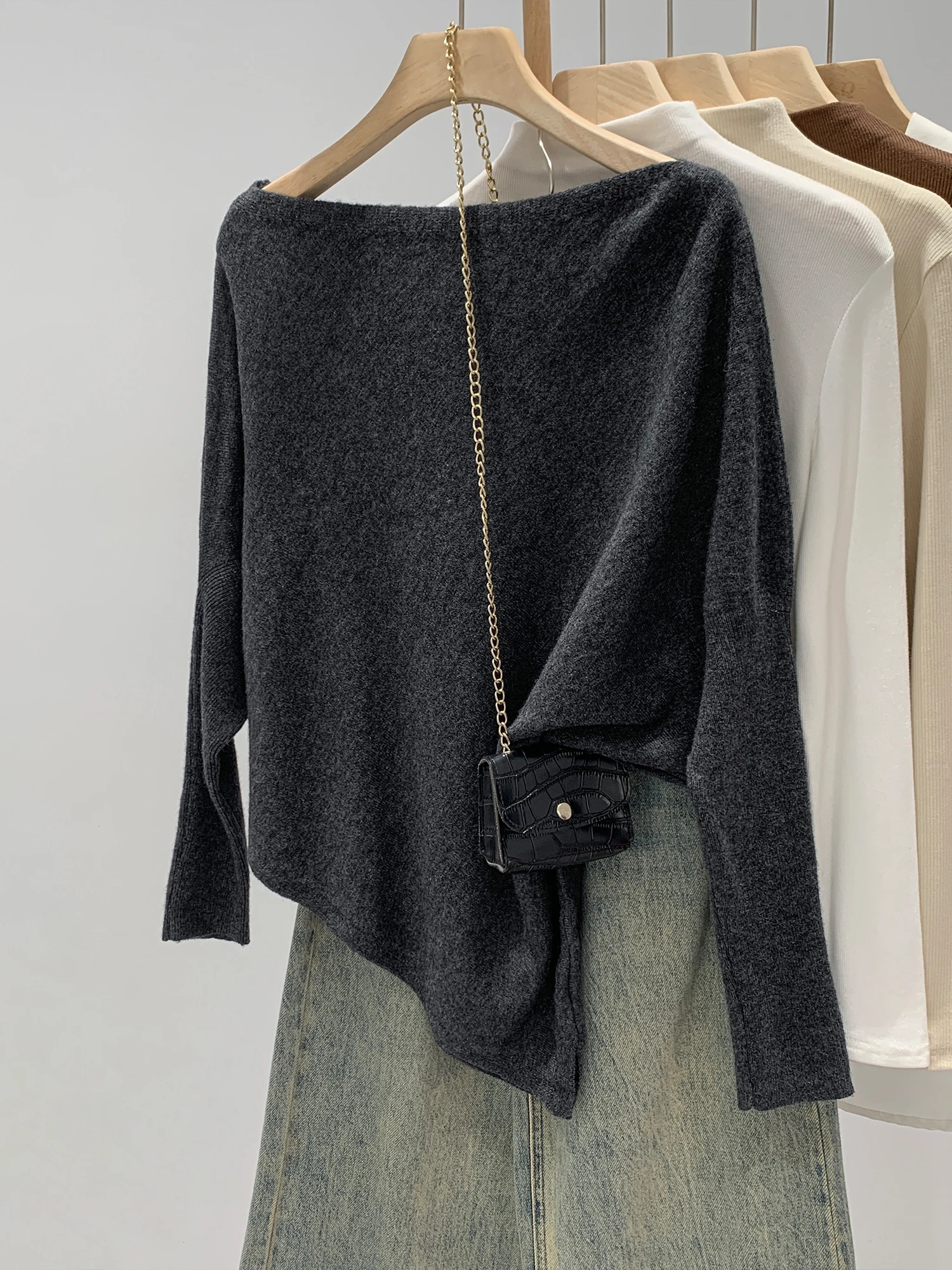 Shoulder Bared Knitted Sweater Women's Base Layer Top Asymmetrical Design Korean Style Casual Wear Long Sleeve Mid-Length