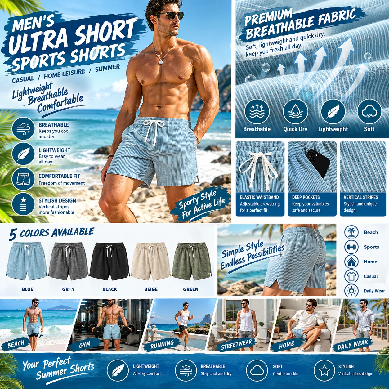 Men Ultra Short Sports Shorts Summer Vertical Stripe Lightweight Breathable Casual Running Gym