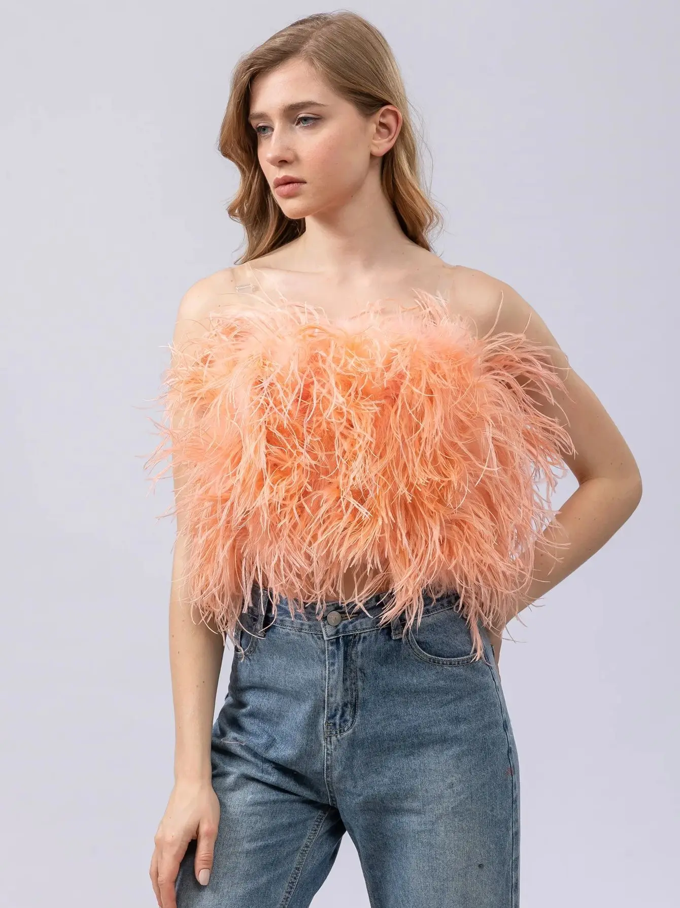 Peach Fuzz Ostrich Feather Tube Top, Luxurious Furry for Party, Wedding, Concert Vest, Sleeveless, Chest Wrap, Strapless, Bride