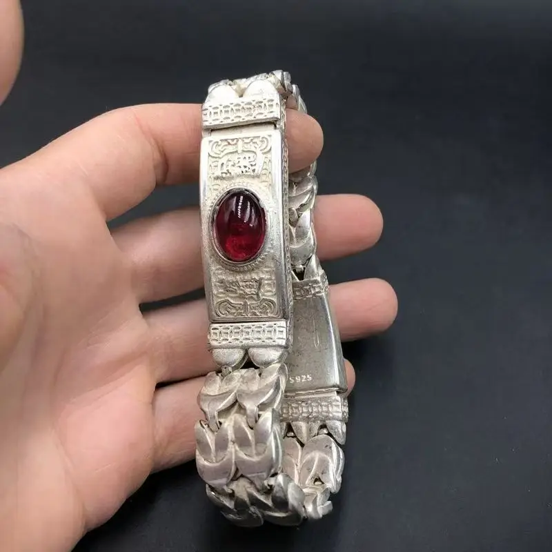 Tibetan Silver Ethnic Style Retro Doing Old Inlaid Gemstone Bracelet Bangle Men AndWomen Fine Jewelry Fashion Gift