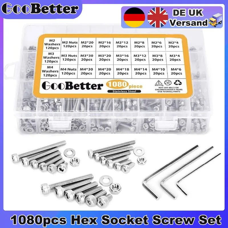 

1080Pcs M2 M3 M4 Hex Socket Screw Set Carbon Stainless Steel Hexagon Button Cap Head Thread Screws Bolts and Nuts Assortment Kit