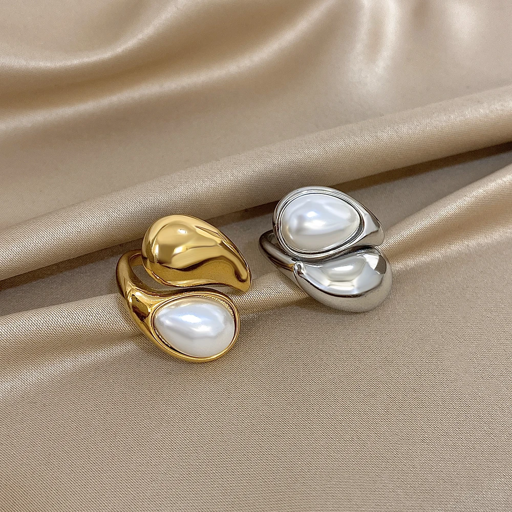 Greatera Tropfenförmiger Ring mit Perleneinlage, Retro-Elegantes Design aus Edelstahl, Original Beliebter Farbechter Damenschmuck im Neuen Stil