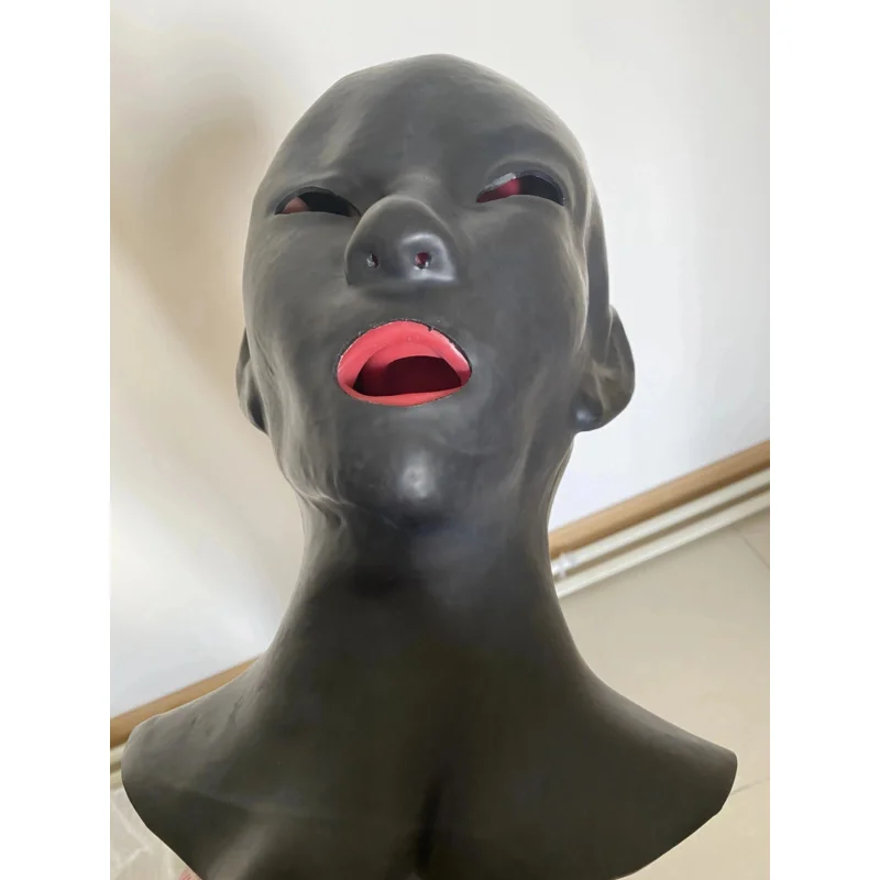 Latex Mask Fetish Unisex Rubber Hood Anatomical Heavy Lined With Red Mouth Sheath Tongue and Nose Tube