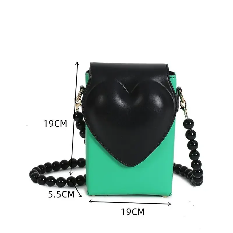 Korean Style Women's High-End Heart-Shaped Chain Bead Niche Mobile Phone Bags Fresh Cute Mini Shoulder Crossbody Bag Handbag