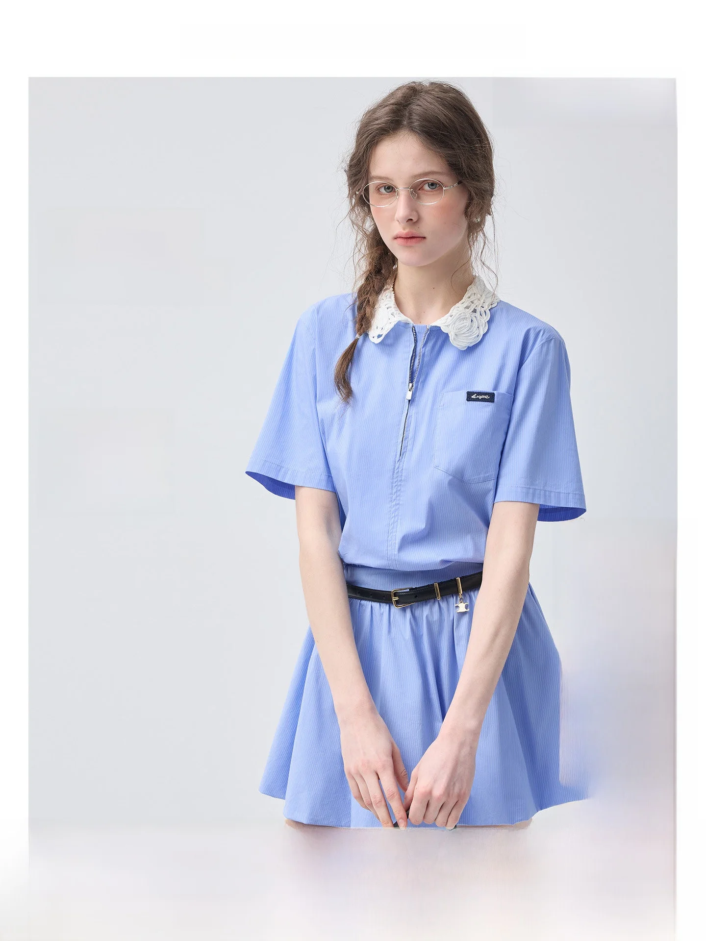 

Летнее дышащее платье VEGA CHANG Ice Blue Bubble с полуоткрытой молнией, синими полосками, в корейском стиле, А-силуэт