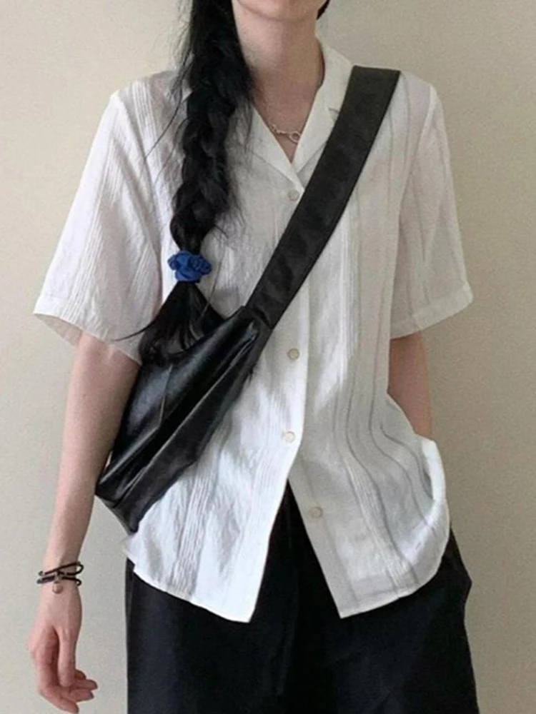 

Summer White Striped Women's Loose Short Sleeve Shirt French Vintage Style Office Blouse Casual Workwear Top