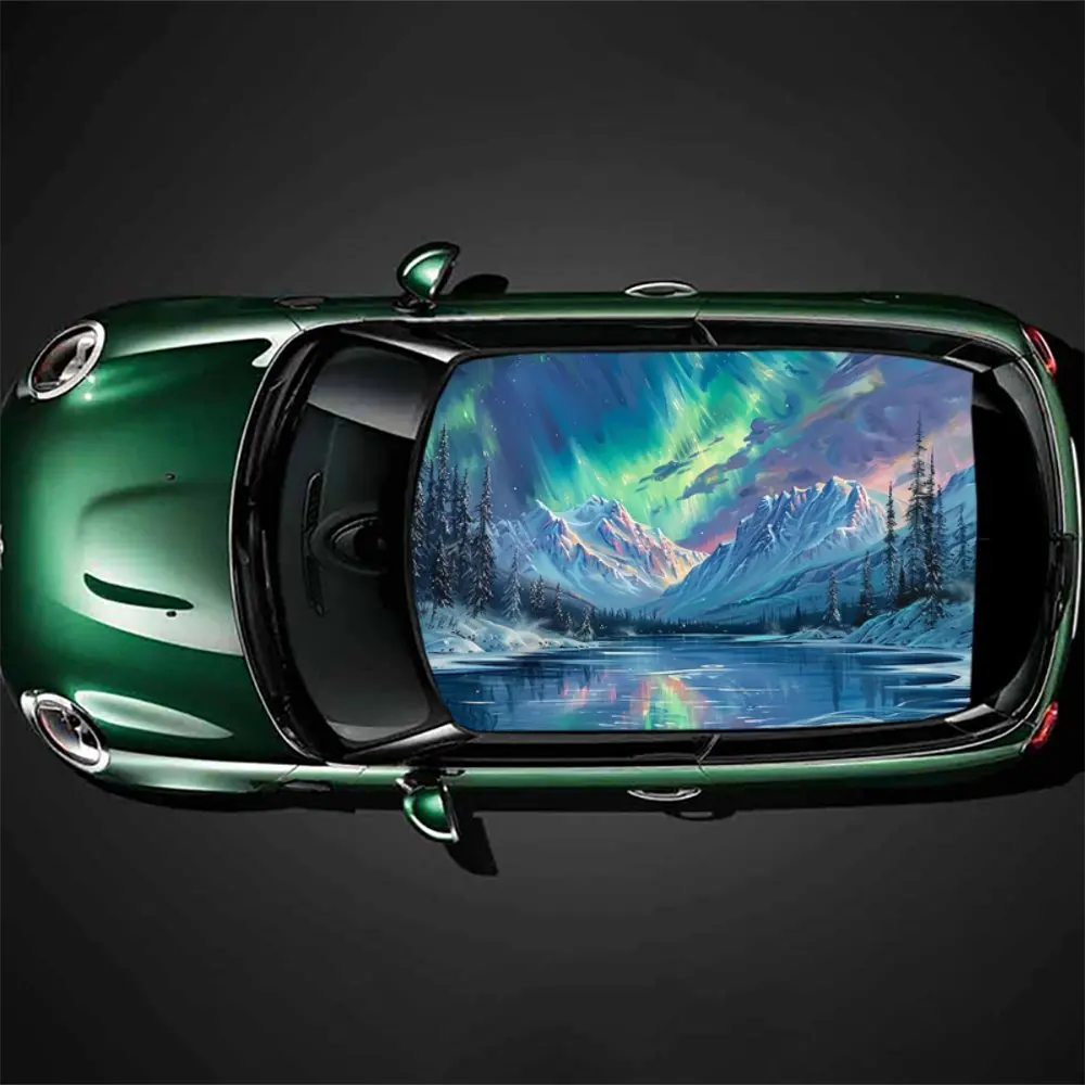 

Mountains and Lakes Under The Dazzling Aurora，Gift, DIY, Car Vinyl Wraps, Premium PVC Car Roof Decals, SUV and Van Racing Sticke