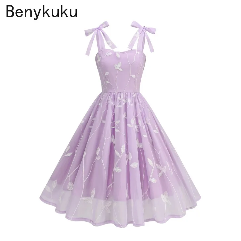 Lavender Leaf Embroiderey Vintage Dress Summer Clothes Women 2024 Knot Straps Pleated Prom Birthday Party Luxury Dresses