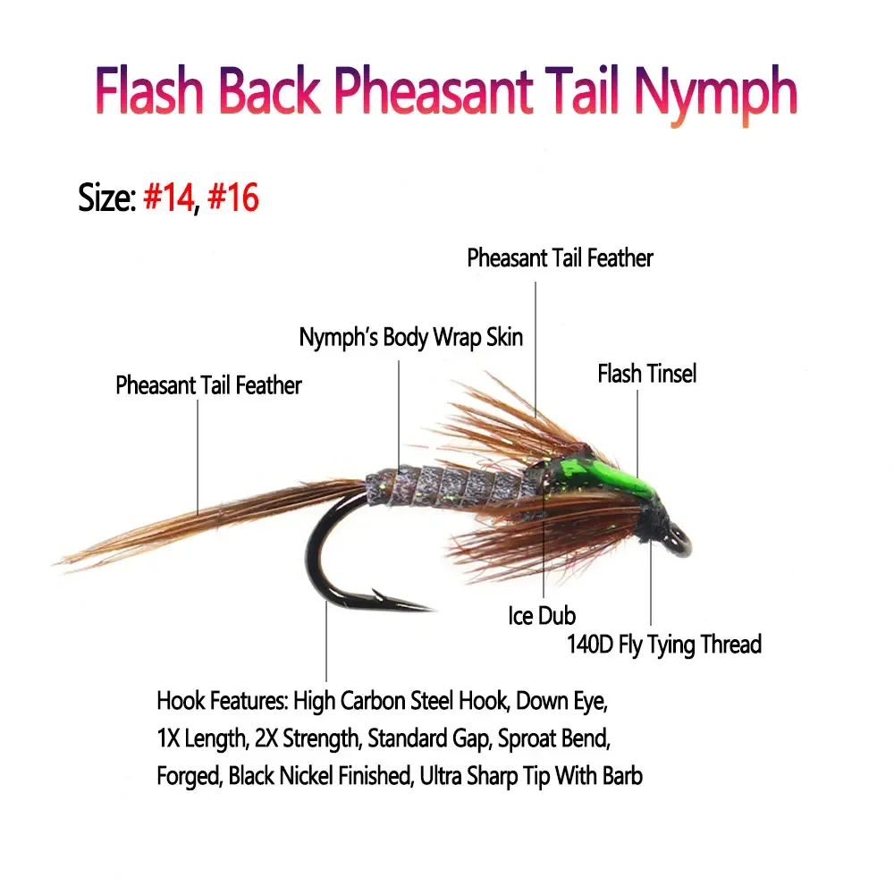 Bimoo 6pcs #14 #16 Flash Back Pheasant Tail Nymph Fly Brown Hackle Dry Fly for Trout Perch Grayling Fishing Lures Baits