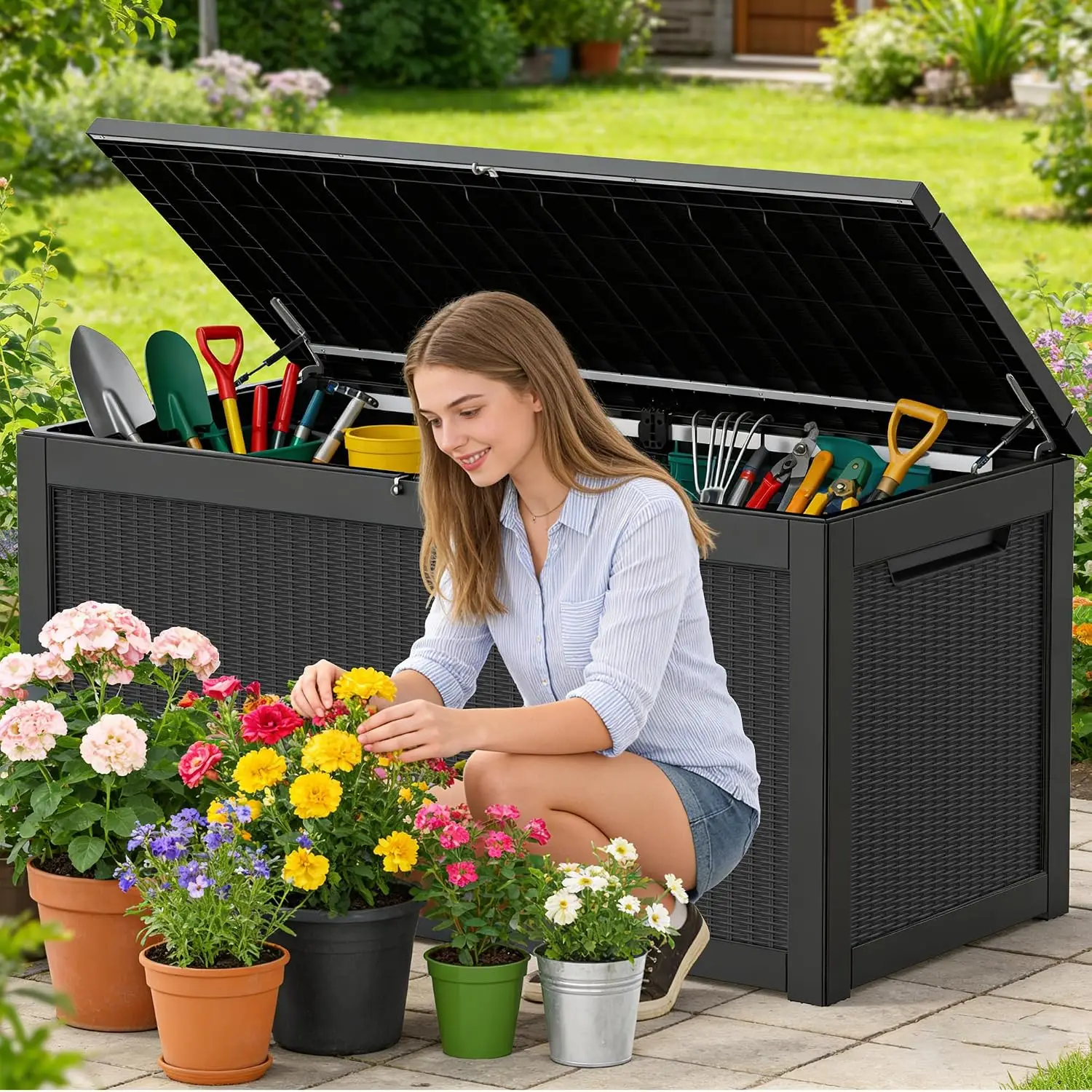 320 Gallon Outdoor Storage Box Resin Deck Box All Weather Waterproof Large Lockable Storage Container Deck Box