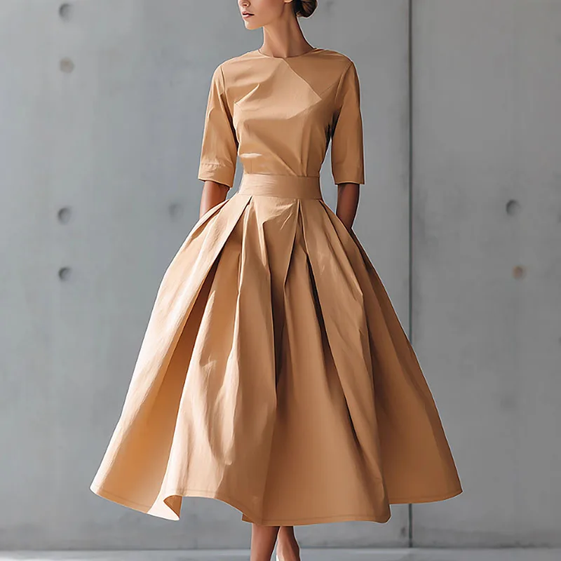 Robe longue de soirée à col rond pour femme, tenue décontractée, couleur unie, taille haute, poches plissées, manches 2026, style Boho, Maxi, nouvelle collection automne 3/4