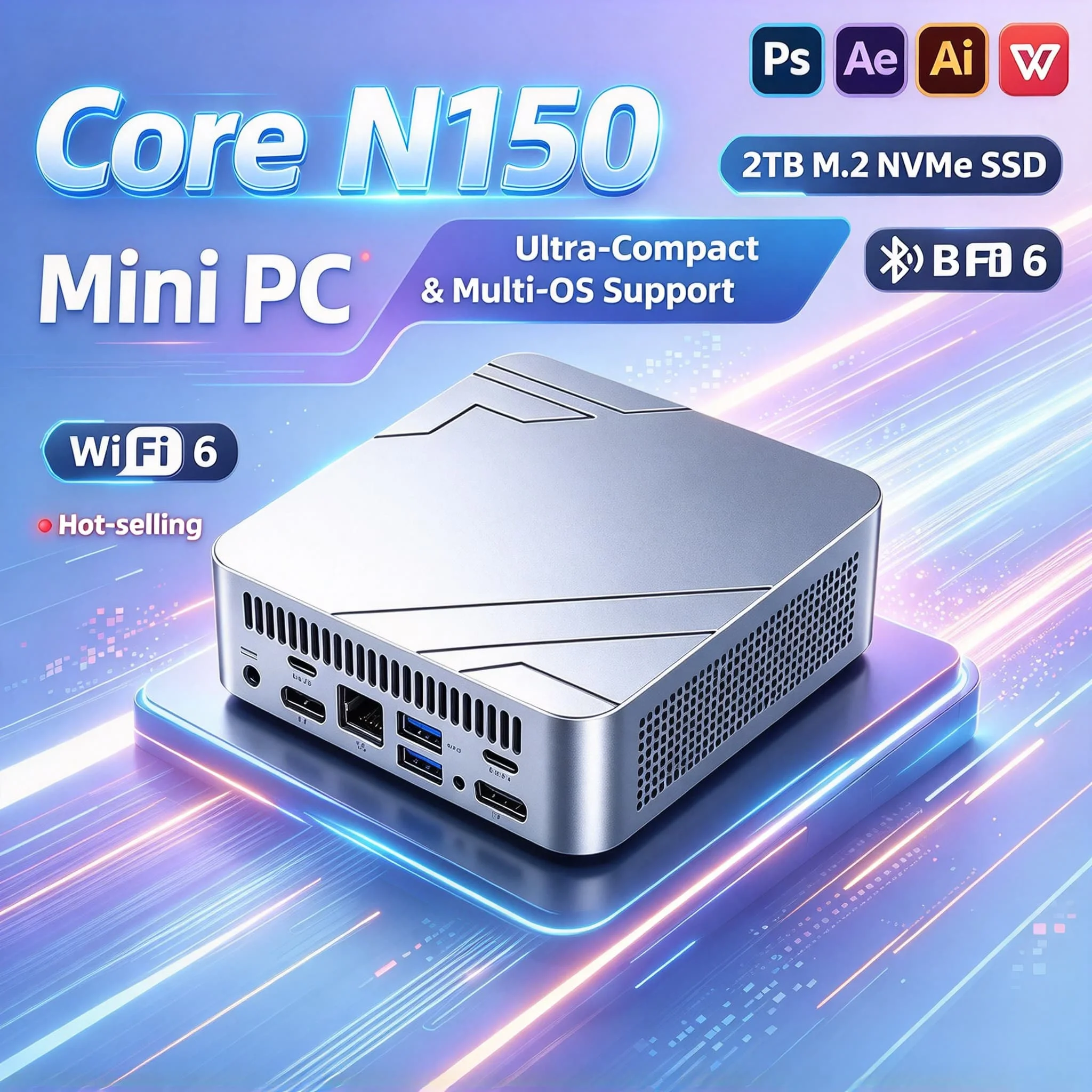 Office Home Desktop Intel N150 Mini PC Pro Ultra Fast Max System 16GB M.2 NVMe SSD Triple 4K Output WiFi6 Silent Cooling
