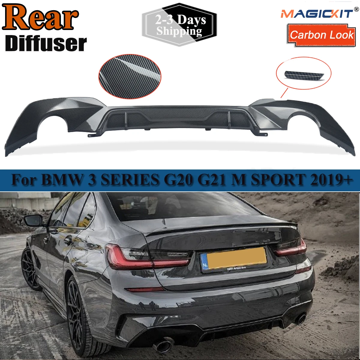 

Car Rear Bumper Lip Spoiler Trim Splitter Diffuser For BMW 3 Series G20 G28 M Sport 2019-2020 Double-Single Round Out