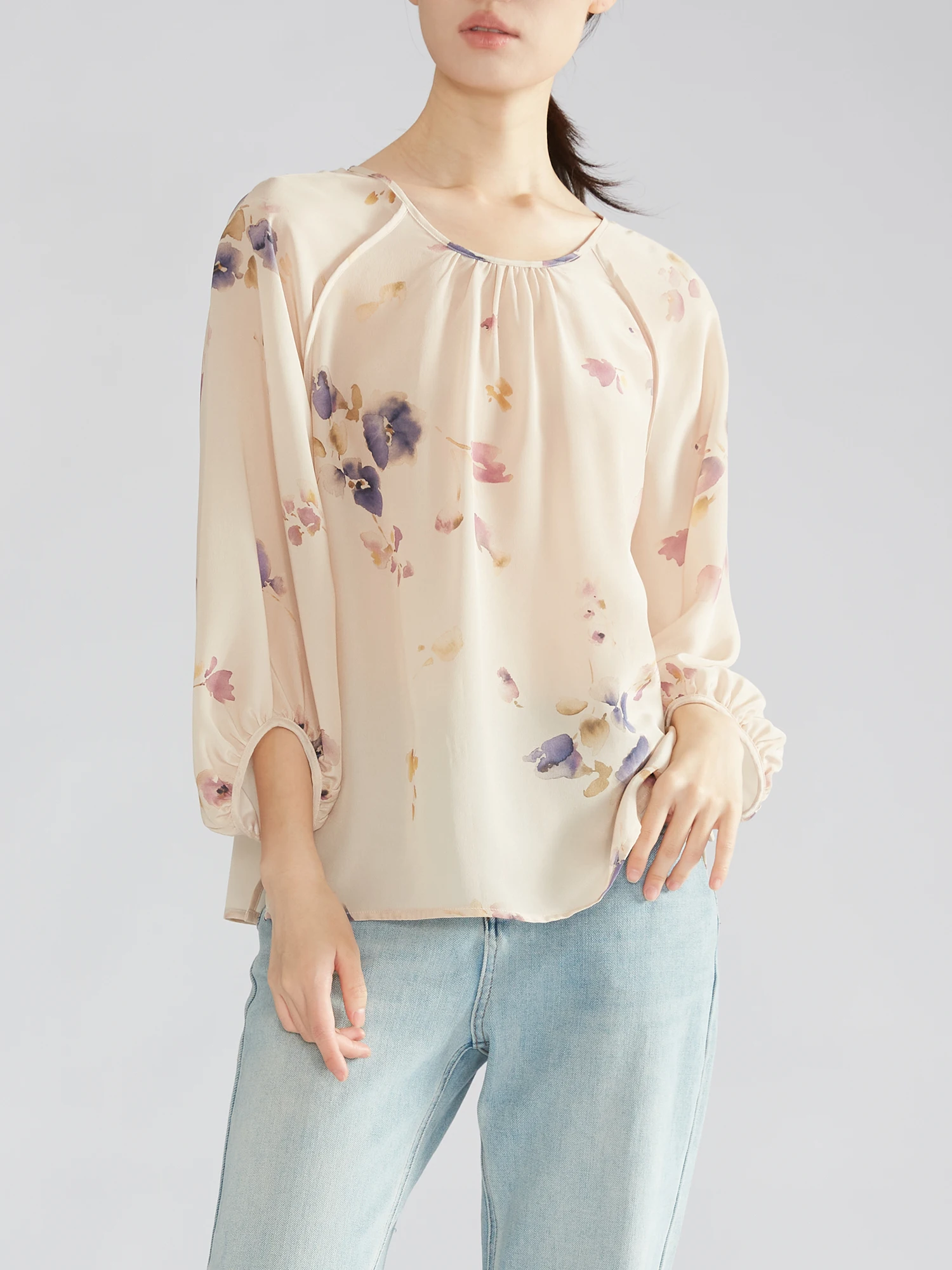 2024 Women's Fashion Early Autumn New Elegant Chinese Style 100% Natural Mulberry Silk Round Neck Lantern Long Sleeve T-shirt