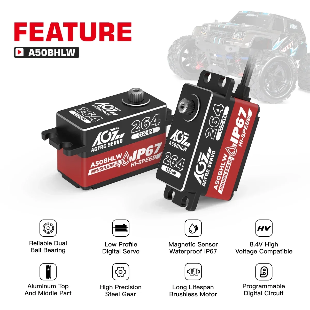 AGFRC A50BHLW A50CHMW Fast Speed 19KG 18KG Waterproof IP67 Low Profile Brushless Coreless RC Servo For 1/10 1/12 RC Drifting Car