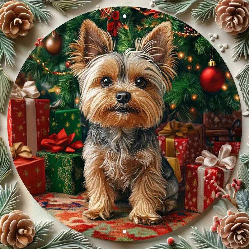 1 Stück Metall-Wandkunstschild mit Yorkshire-Terrier-Yorkie-Hund – 20,3 x 20,3 cm, wasserdichter Aluminium-Weihnachtsbaum- und Geschenkkranz mit Yorkshire