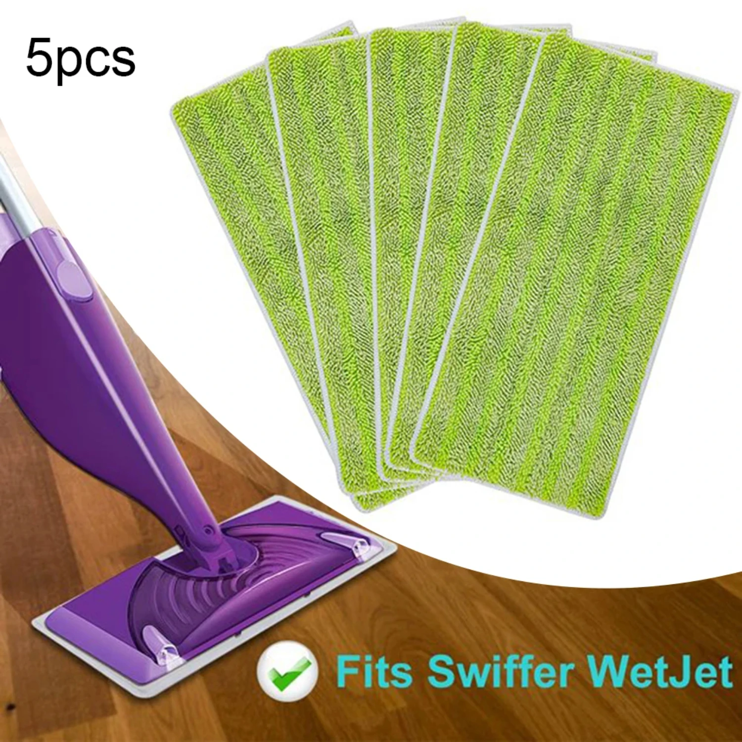 5 Pack Thickened Green Reusable Washable Mop Pads for Swiffer Wet Jet - Flat Mop Cleaning Pads for Bathroom Floor - 29×15cm