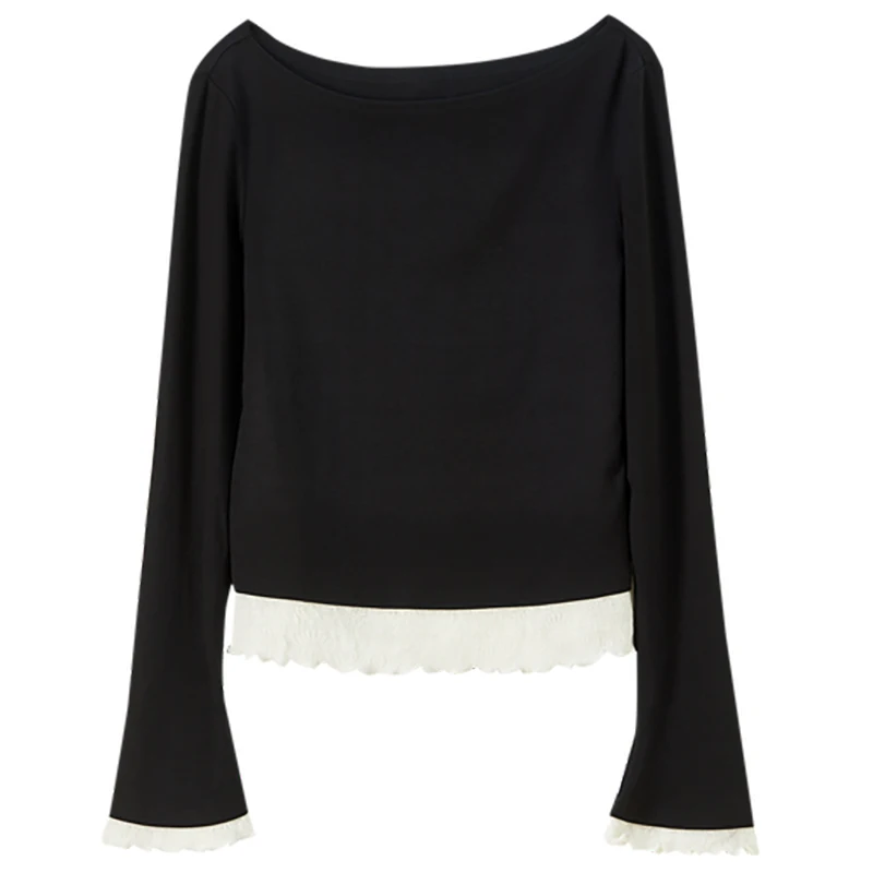 Sentubila roupas femininas rendas emenda malha topo 2025 outono inverno elegante comute slash neck pullovers 153sh2838