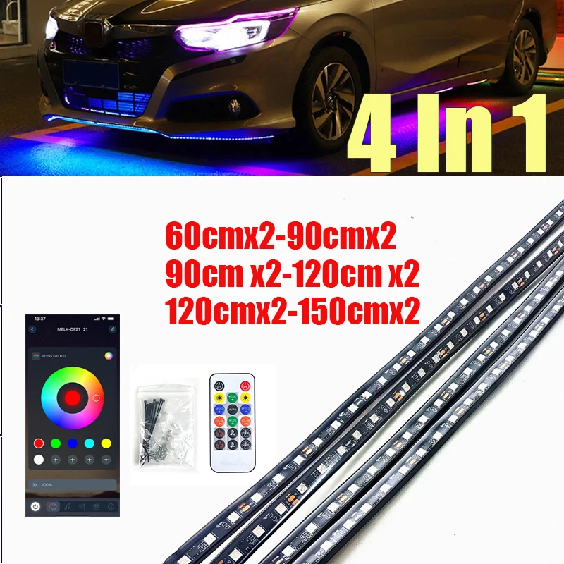 

4 in 1 Car Under Glow Kit RGB Chasing LED Neon Underbody IP68 Waterproof RGBIC Underglow Light for Car Atmosphere Lamps
