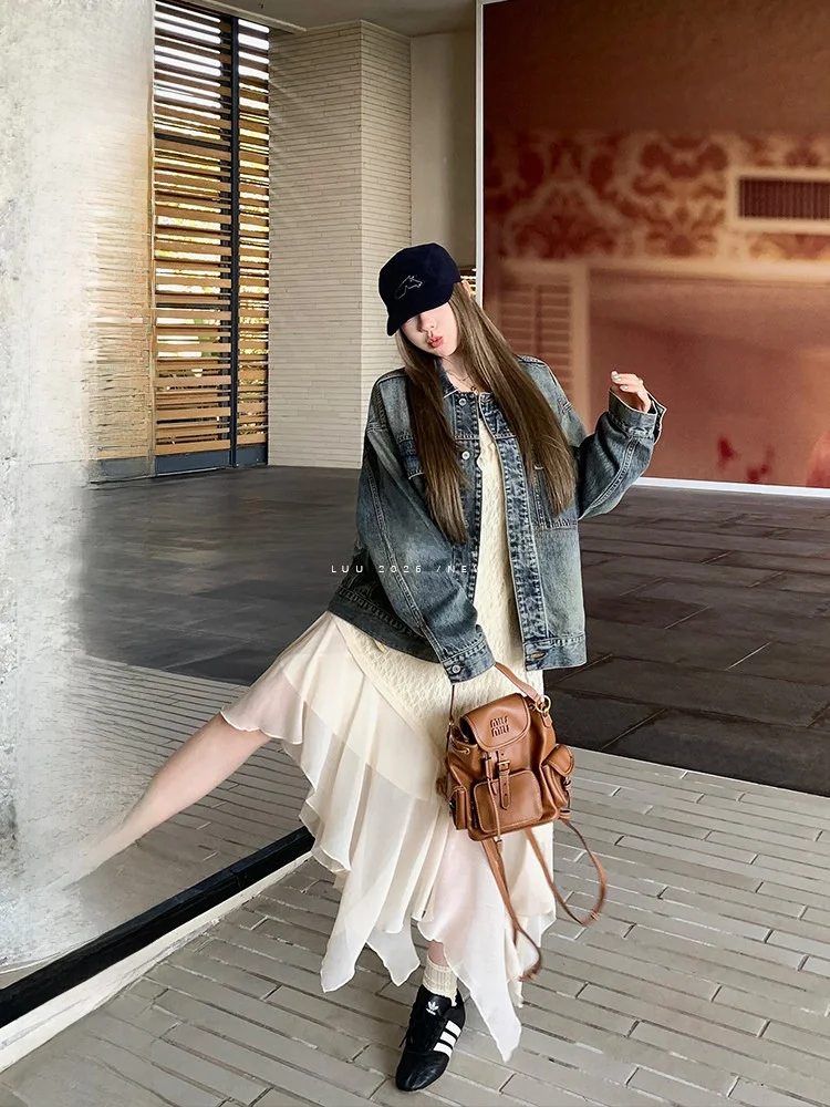 

Waed Vintage Denim Jaet Women's Spring Autumn Loose Design Collar up irt Retro Sle Long Sve Button Closure Jeans J...