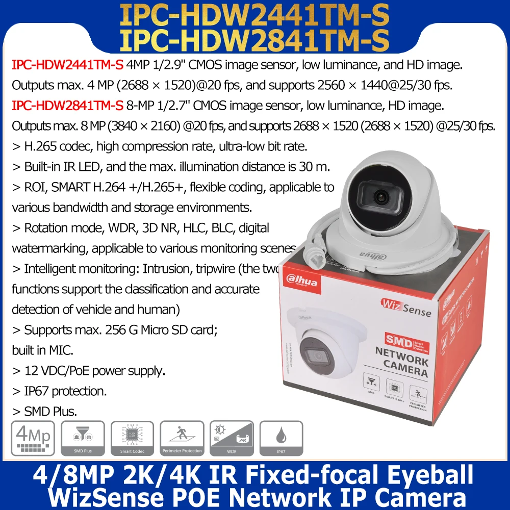 الأصلي داهوا 4MP IPC-HDW2441TM-S & 8MP IPC-HDW2841TM-S WizSense POE شبكة IP كاميرا IR 30M MIC SD فتحة SMD زائد IVS H.265